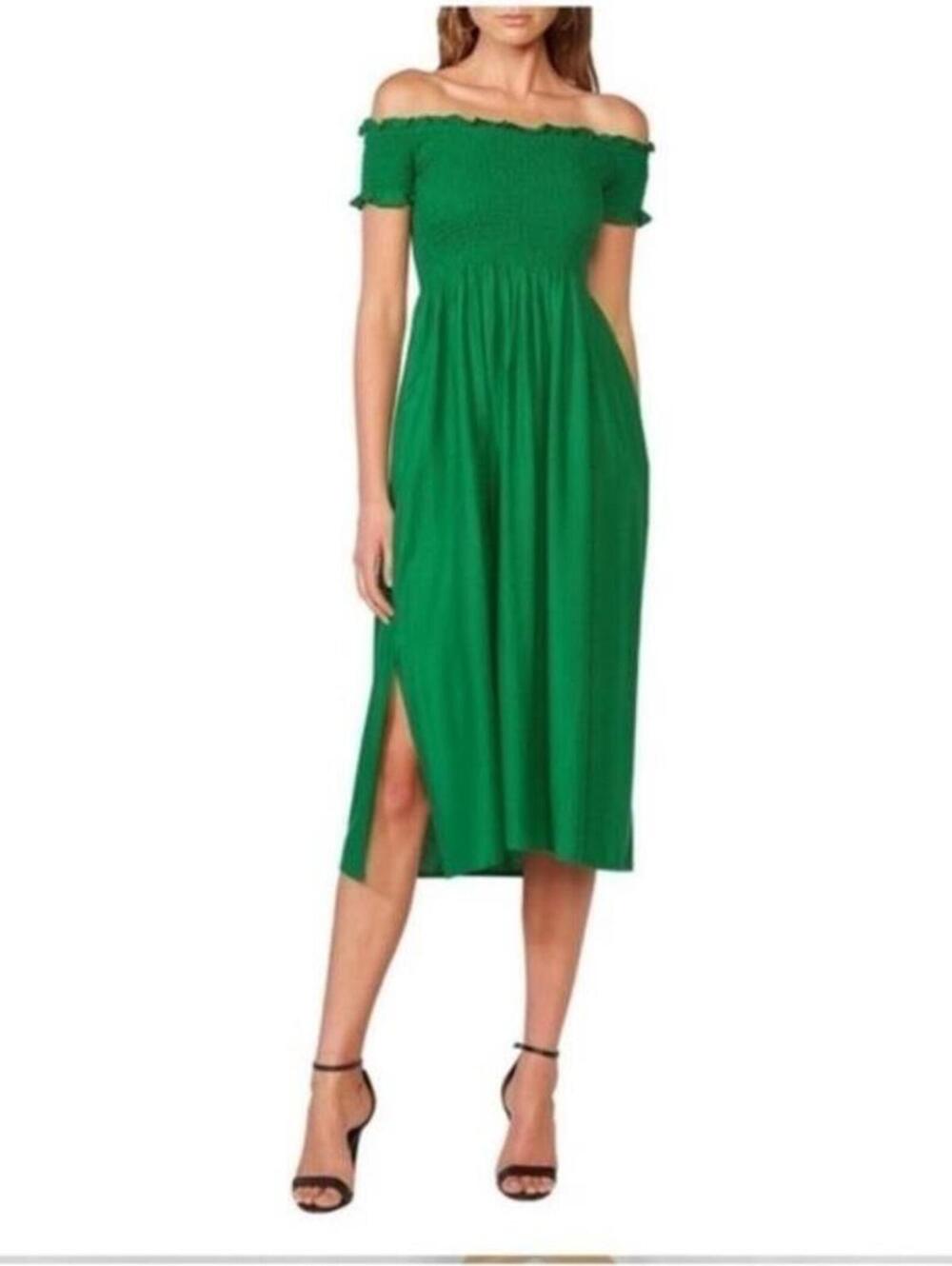 Bardot Green Smocked Off‎ Shoulder Midi Cindy Dress 6/S Festival Summer